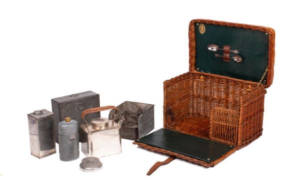 late 19th century wicker picnic basket made by GW Scott & Sons with all its accessories and complements