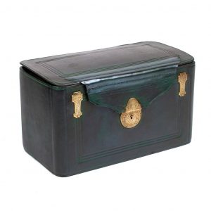 Restored leather toiletry bag with complement and accessory, antique, gold saddlery brass fittings