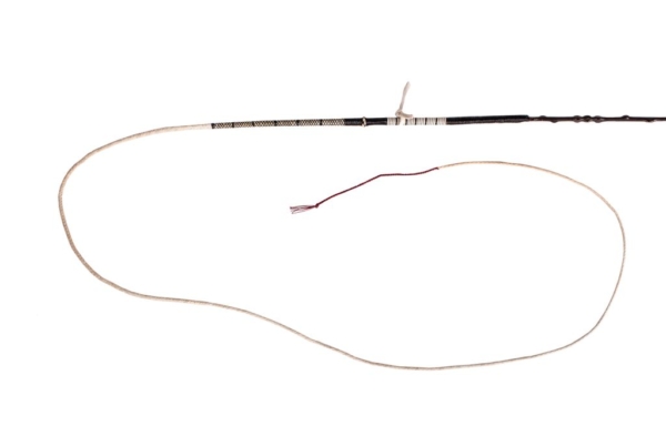 Vintage pony whip, made of holly (commonly known as rose bush) with handle made of material similar to vakelite and ferrule braided with the same material. L = 1.42 meters and white lash from kangaroo leather with a 1.05 meter goose feather interior and braided with linen.