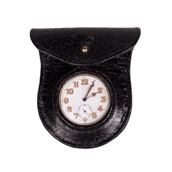 Silver pocket watch with aged black leather case for carriage dashboard. Dorantes saddlery