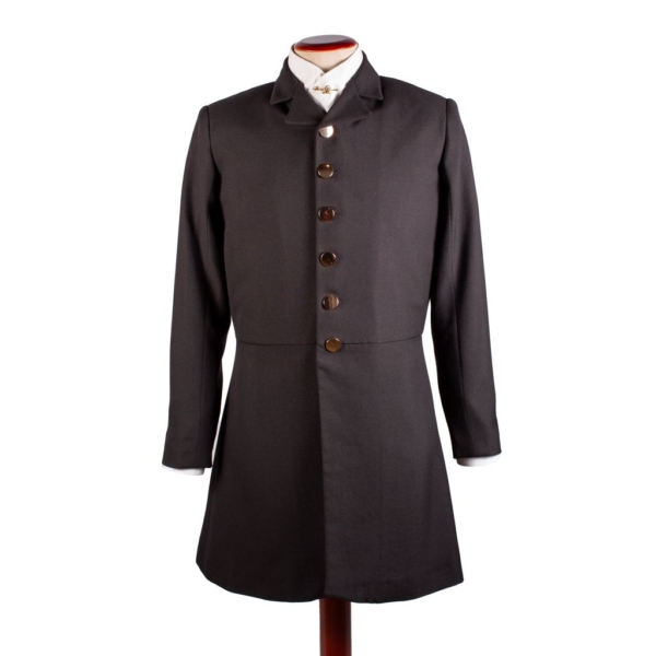 Frock coat or livery for coachman of carriages, silver or gold buttoning with old or vintage cut, golden trimmings.