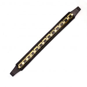 Black leather brow band with brass chain complement or chitipon accessory.
