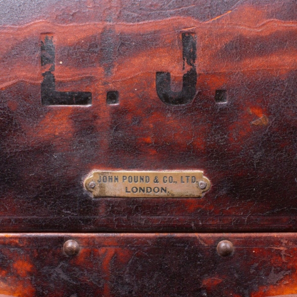 Leather trunk manufactured by John Pound & Co Ltd stamped with the initials LJ Silk interior Dorantes Harness