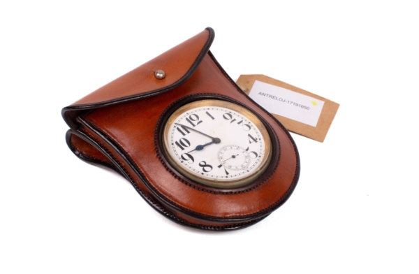 Silver pocket watch made in Switzerland with “ARGENTA” signature with brown pigskin cover for carriage dashboard. Dorantes Harness
