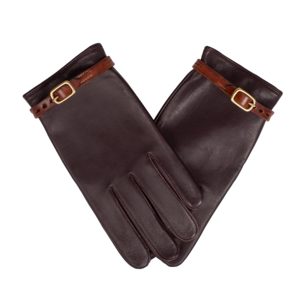 Hazel leather gloves with strap and double (2020). Cabretilla gloves in dark brown with leather hose and double brass buckle.