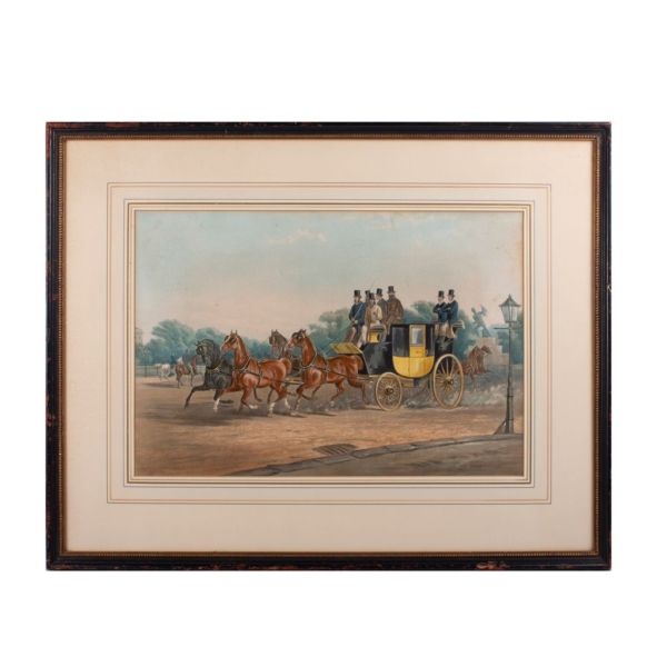 Set of two pictures with pictures of carriages. Noble wood frame with decorated brass trim.