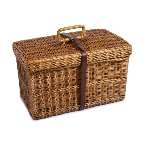 19th century wicker picnic basket for four guests with two lids, top and front opening.